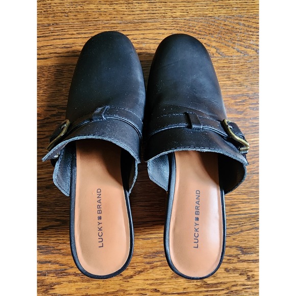 Lucky Brand Leather Wedge Clog Mules Black Studded Buckle Leather 9.5 - Picture 11 of 16